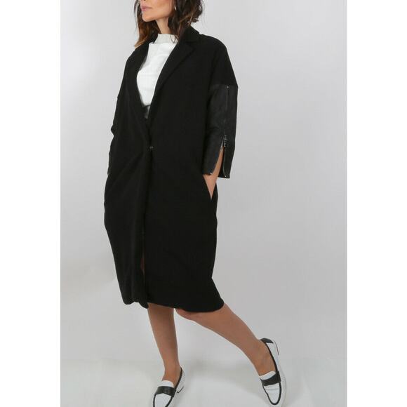 KAUFMANFRANCO Black Leather Sleeve Long Coat Size M - Picture 2 of 12